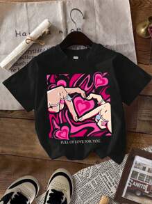 SHEIN Leap Crew 青少年女孩休闲可爱卡通心形、豹纹心形、爱心印花 T 恤，黑色、粉色、卡其色，适合夏季