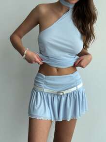 Aloruh 2pcs Women Summer Backless Halter Neck Top And Mini Skirt Set - Baby Blue - View 3