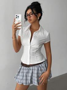 Aloruh Women's Elegant Spring/Summer Commute Daily Casual Solid White Short Sleeve Pleated Waist Shirt