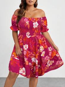 SHEIN Holidaya Plus Tropical Print Off Shoulder Flare Sleeve Ruffle Hem Dress Vacation Beach Outfits Women - Red - View 5