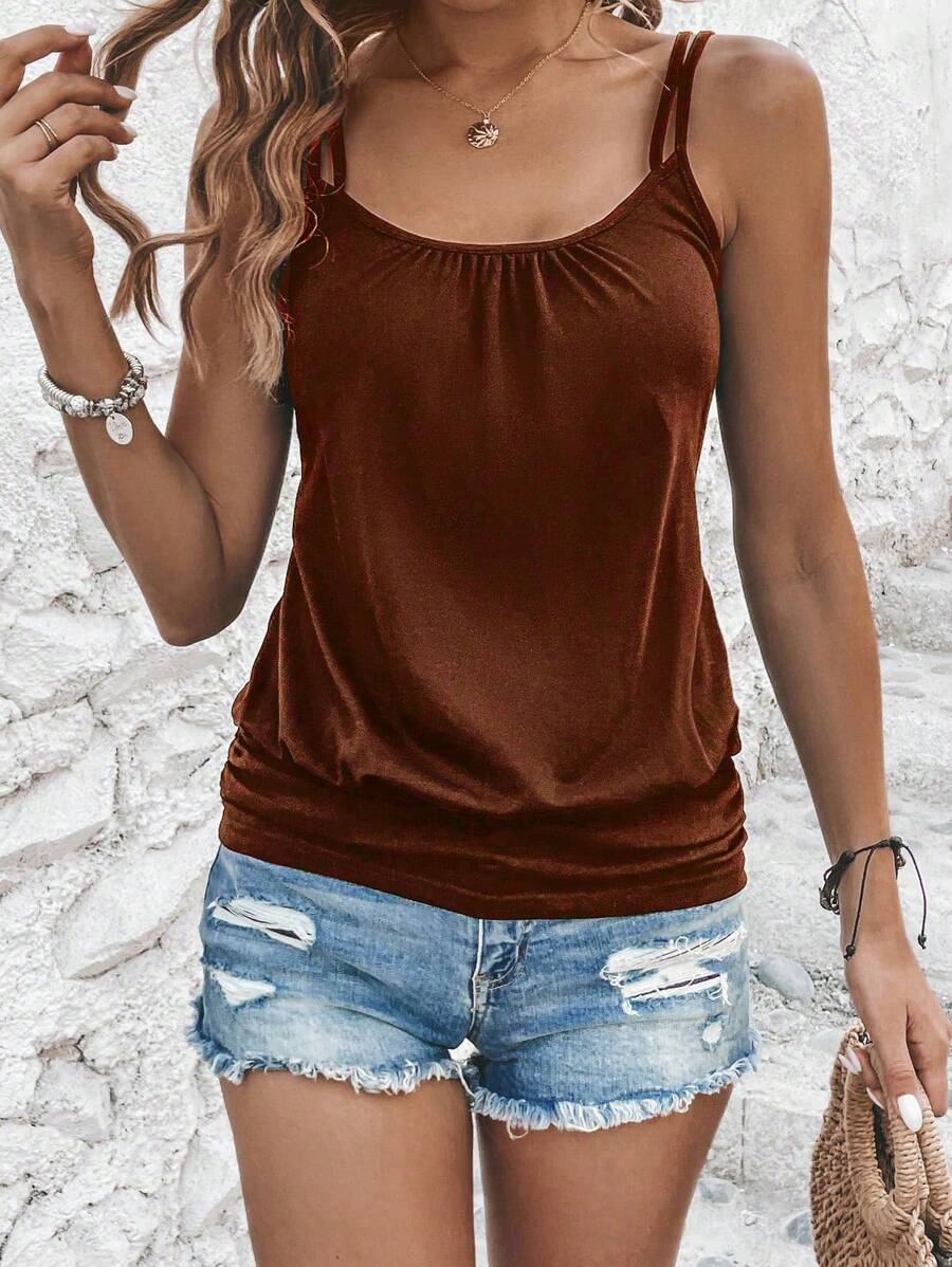 SHEIN LUNE Women's Solid Color Pleated Casual Adjustable Straps Tank Top - Brown - View 1