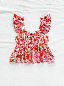 Soleia Blusa de mujer con mangas cortas, estampado floral y bloques de color, adecuada para vacaciones, festivales de música, estilo bohemio, días festivos, citas y meriendas - Multicolor - Ver 2