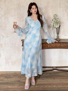 DAZY V-Neck Lace 3D Floral Decor Flare Sleeve Elegant Chiffon Dress, Light Blue,Fall Dress Long Sleeve Dress