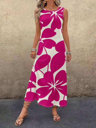 EMERY ROSE Plus Size Women's Loose Fit Plus Size Floral Print Halter Neck Dress, Suitable For Summer Vacation