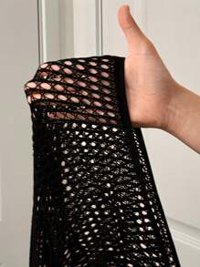 BamGleam Women's Solid Color Off-Shoulder Long Sleeve Fitted Sexy Hollow Out Mesh Top Fall Cloth For Women