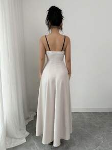 Elenzga Vestido camisero maxi de mujer con cintura fruncida y contraste de colores - Albaricoque - Ver 2