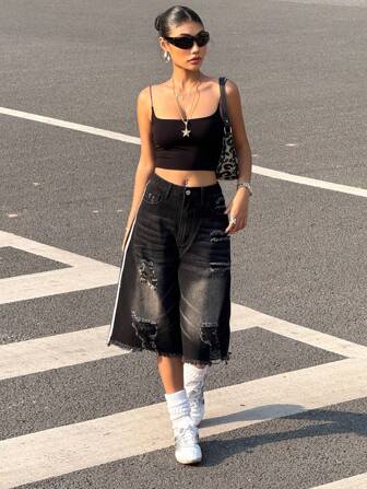 Muchica 女式休闲水洗做旧阔腿牛仔短裤