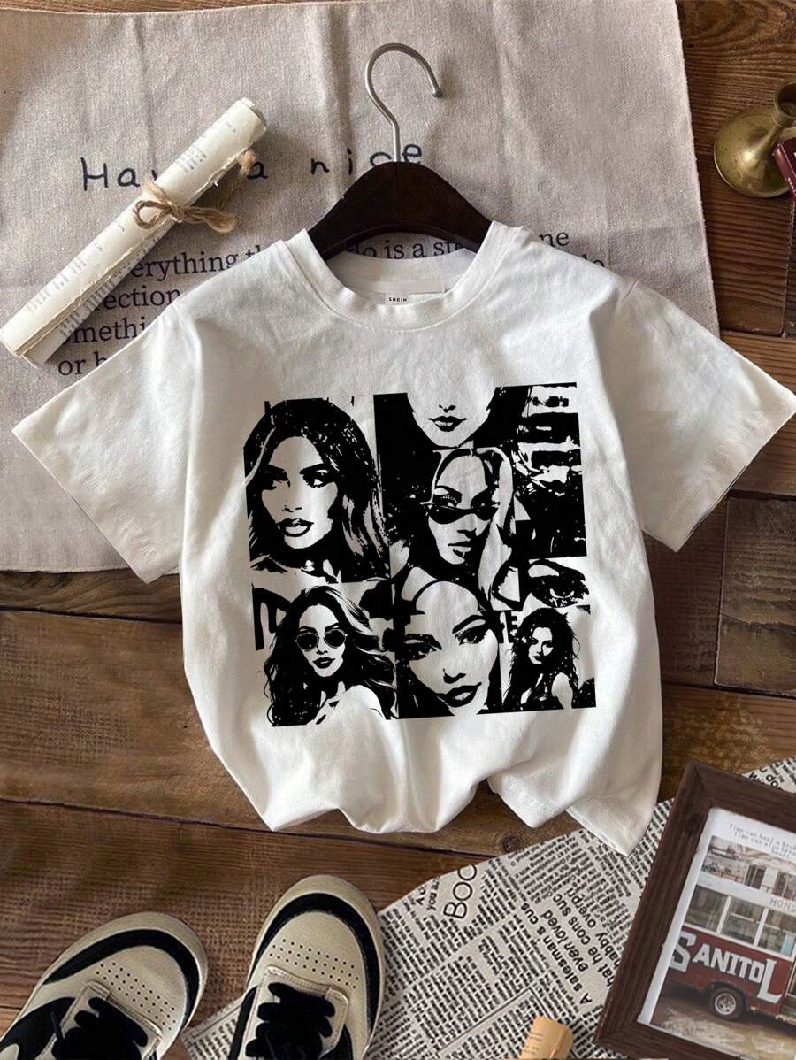 SHEIN Leap Crew Camiseta casual de manga corta para niña preadolescente con diseño simple de retrato en blanco y negro, adecuada para el verano - Blanco - Ver 1