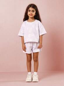SUMWON Butterfly Print Summer Two Piece Set Girls Lounge Wear Wide Athletic T-Shirt Short Set Casual Cozy Spring Holiday Sports Wear