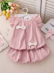 Baby Mädchen süßes Schleifendekor Kurzarm Top und Mini-Rock 2-teiliges Set, Rosa, Frühling/Sommer