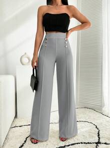 RueChic White Wide Leg Pallazzo Pant With Button Detail - Light Grey - View 4