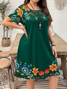 EMERY ROSE Vestido mini de vacaciones con estampado de plantas y manga corta, talla grande para mujeres - Verde - Ver 3