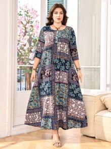 SHEIN Lacomfia Plus Size Women's Spring/Autumn Square Collar Printed 3/4 Sleeve Slimming Cinched Waist Dress