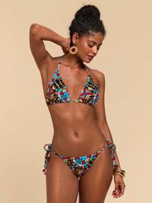 Travachic Conjunto de bikini de mujer con estampado total, parte superior con anudado frontal