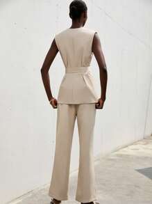 GENKIRA 全新优雅职业女性通勤套装，深 V 领无袖背心，缎面面料，可拆卸腰带，修身喇叭裤 - 卡其色 - 查看 6