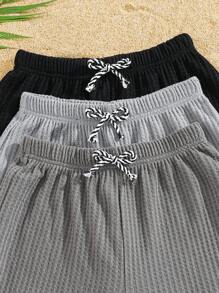 3pcs Kids Tween Boy Casual Versatile And Comfortable Letter Print Pattern Loose Knit Loose Clean Color Shorts Multi Piece Set, 3 Styles Each, 1 Three Pieces Set Suitable For Commuting To School, Daily Leisure Vacation Travel, Suitable For Sports, Suitable For Spring And Summer Seasons
