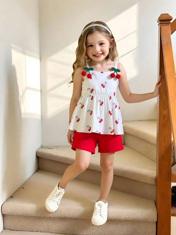 2pcs/Set Young Girls Digital Floral Print Decor Suspender Tank Top And Relaxed Solid Shorts, Suitable For Casual Wear, Beach, Summer