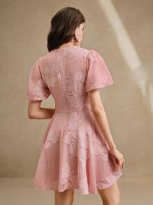 Anewsta Elegant Embroidered Lace Floral Gathered Waist Short Dress, Boho Style, Suitable For Spring And Summer - Baby Pink - View 3