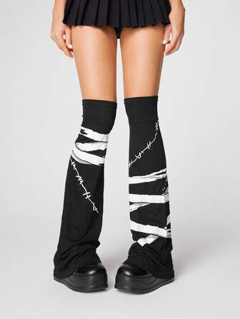 Anime 1 par de calentadores de pierna con estampado de vendaje negro con pierna acampanada al estilo Y2K, diseño de streetwear exclusivo, mangas versátiles para la pierna