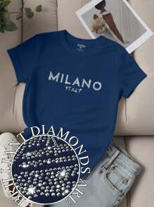 SHEIN LUNE Camiseta de manga corta casual con estampado de eslogan MILÁN ITALIA en tallas grandes para mujer, camiseta gráfica de mujer
