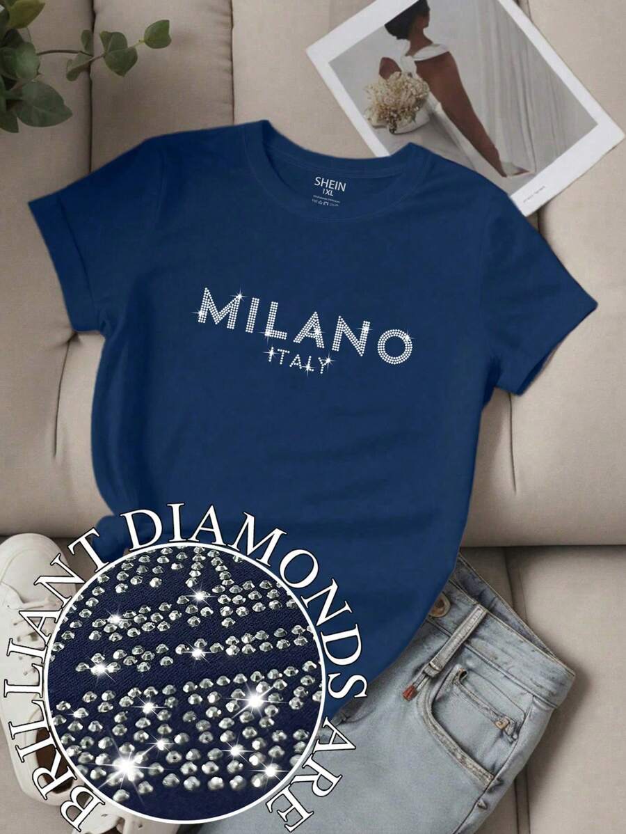 SHEIN LUNE Camiseta de manga corta casual con estampado de eslogan MILÁN ITALIA en tallas grandes para mujer, camiseta gráfica de mujer