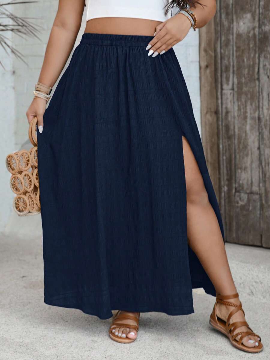 SHEIN VCAY Plus Size Solid Color Elastic Waist Slit Up To Thigh Casual Vacation Skirt