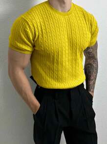 Manfinity Homme Camiseta casual de punto de manga corta y cuello redondo con patrón de cable para hombre