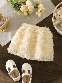 SHEIN 女婴 0-3 岁春夏时尚花式 3D 欧根纱玫瑰装饰裙子，适合所有季节