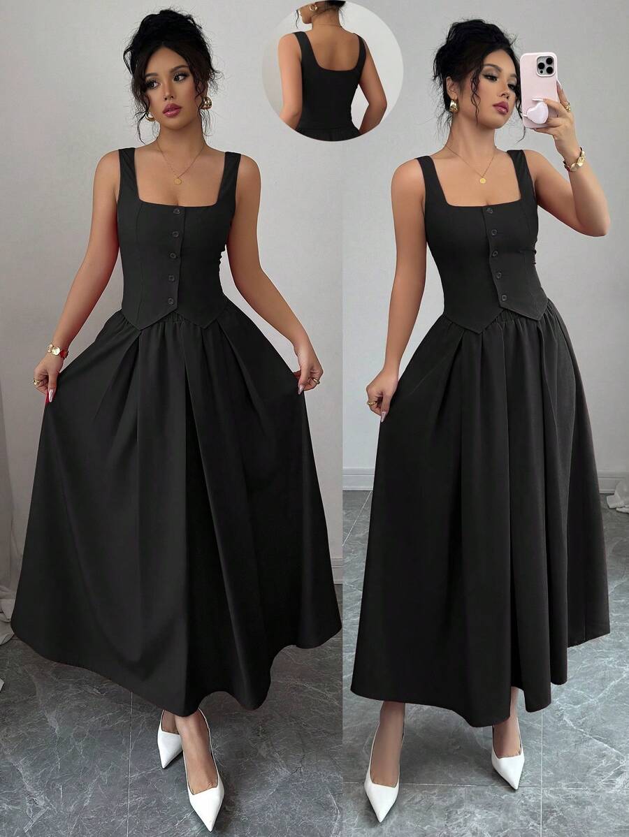 Rafferiza 2 件套女式无袖荷叶边下摆背心和褶皱 A 字裙，时尚百搭的服装