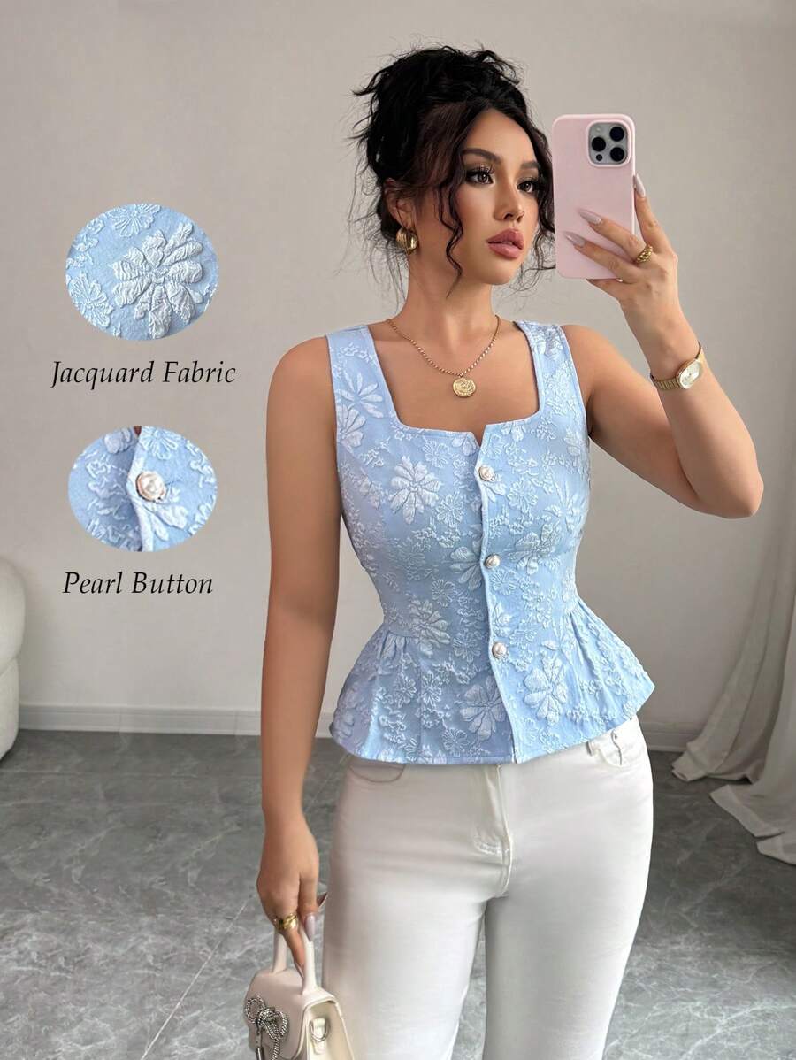 Rafferiza 休闲百搭方领前开仿珍珠纽扣束腰修身女式背心，优雅年轻短款衬衫，全新夏季淡蓝色花卉纹理面料女式衬衫 - 淺藍色 - 查看 1