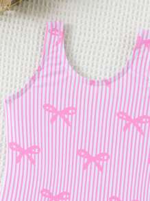 Baby Girl Summer Beach Vacation Striped Bow Print One-Piece Swimsuit Swim Suits For Baby Girl Swimming Suits For Baby Swim Suits For Girls Bathing Suit For Baby Girl Swimwear - Pink - View 3