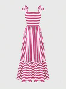 Breezaya Women's Shoulder Strap Chest Gathered Striped Dress Maxi Vacation Beach Outfit