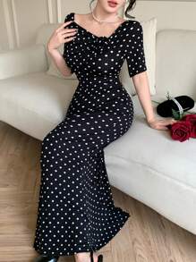 Modelyn 女式夏季波尔卡圆点修身优雅短袖鱼尾连衣裙，带 3D 花卉贴花 - 黑色 - 查看 4