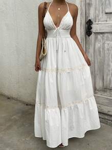 SHEIN EZwear Vacation Halter Country Concert Outfit  Women's Summer Vacation White Woven Halter Neck Dress - White - View 7