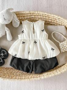 2 Stücke/Set Baby Mädchen 0-3 Jahre lässig ländlicher Urlaub süßer Schmetterling Stickerei ärmellose Bluse & Shorts Set, Frühling/Sommer
