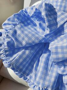 Comfortcana Women's Summer Beach Vacation Style Gingham Print Peplum Hem Tube Top - Blue and White - View 5