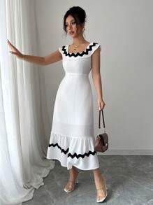 Rafferiza Nouvelle robe d'été élégante et chic pour femmes, à encolure carrée, avec volants, coupe slim, dos nu, taille haute, sans manches - Blanc - Voir 4