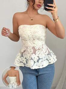 Rafferiza Elegant & Fashionable Women's Sleeveless Ruched Waist Tiered Hem Hidden Zipper Mesh Embroidered Fabric Apricot Blouse For Spring/Summer - Apricot - View 1