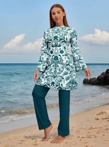 Swim Mulvari 2 pièces/Ensemble Femme Rétro Impression Style Confortable Bleu Ample Top Court & Burkini à Jambe Large Maillot de Bain