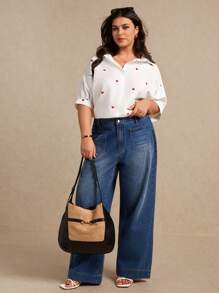 Elaquor Áo sơ mi nữ Boho họa tiết trái tim chấm bi thời trang cỡ lớn cho mùa hè - trắng - Xem 2