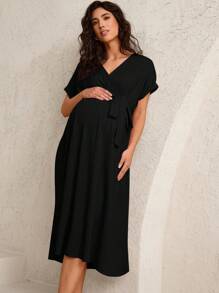 MaterniWear Elegant Black Maternity Midi Dress: V-Neck, Short Sleeve, Wrap Style, Flared Hem, Woven Fabric - Black - View 6