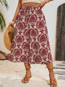 SHEIN VCAY Quần lửng ống rộng họa tiết hoa, kiểu dáng thường ngày, thắt eo, thích hợp cho kỳ nghỉ, dành cho nữ cỡ lớn. - Màu Đỏ Sâu - Xem 6