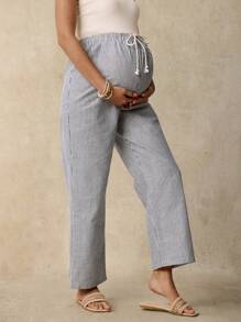 SHEIN Comfortable 100% Cotton Maternity Pants: Blue Striped Casual Long Woven Fabric Drawstring Pants For Everyday Wear