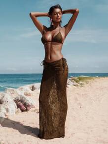 Opulessa Women's Semi-Sheer Knitted Beach Cover Up, Strapless Sleeveless Tie Back Extra Long Vacation Skirt, Holiday Outfits,Holiday Clothes,Beach Outfits For Woman,Vacation Outfits Woman,Bikini Set,Sarong,Beach Dress,High Waisted Bikini, High Waisted Bathing Suit,Thong Bikini Set