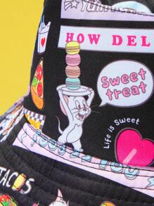 TOM & JERRY X SHEIN Cartoon & Letter Graphic Fashionable Casual Bucket Hat - Black - View 3