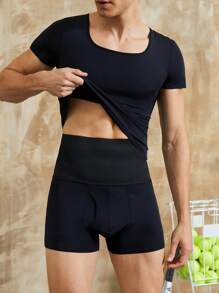 SHEIN 男士压缩塑身衣套装、纯色短袖圆领 T 恤和短裤