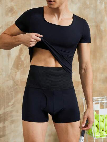 SHEIN Men's Compression Shapewear Set, Solid Color Short Sleeve Crew Neck T-Shirt & Shorts