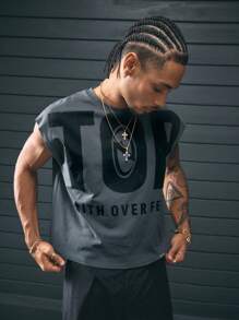 AXEPEAK Multiple Size Men's Letter Patched Hem Loose Fit Tank Top, Streetwear Style - Beige - View 5