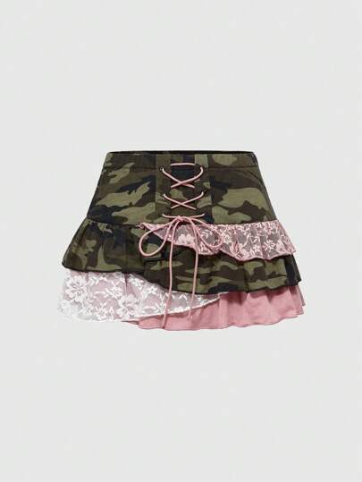 J-Fashion Women's Y2K Harajuku Camo Lace Patchwork Colorblock Mini Low-Waist Skirt