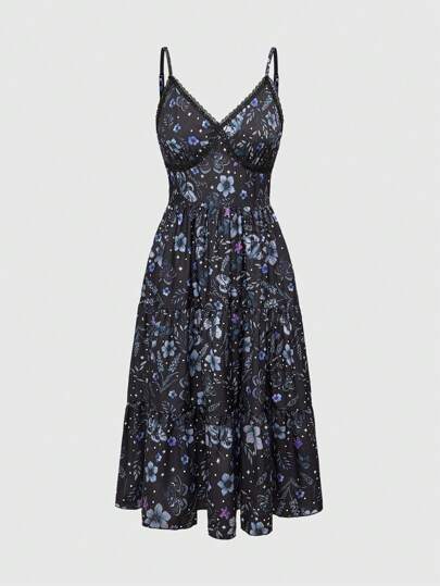 Goth Vestido de tirantes con estampado completo de polilla y flores de color morado oscuro para mujeres